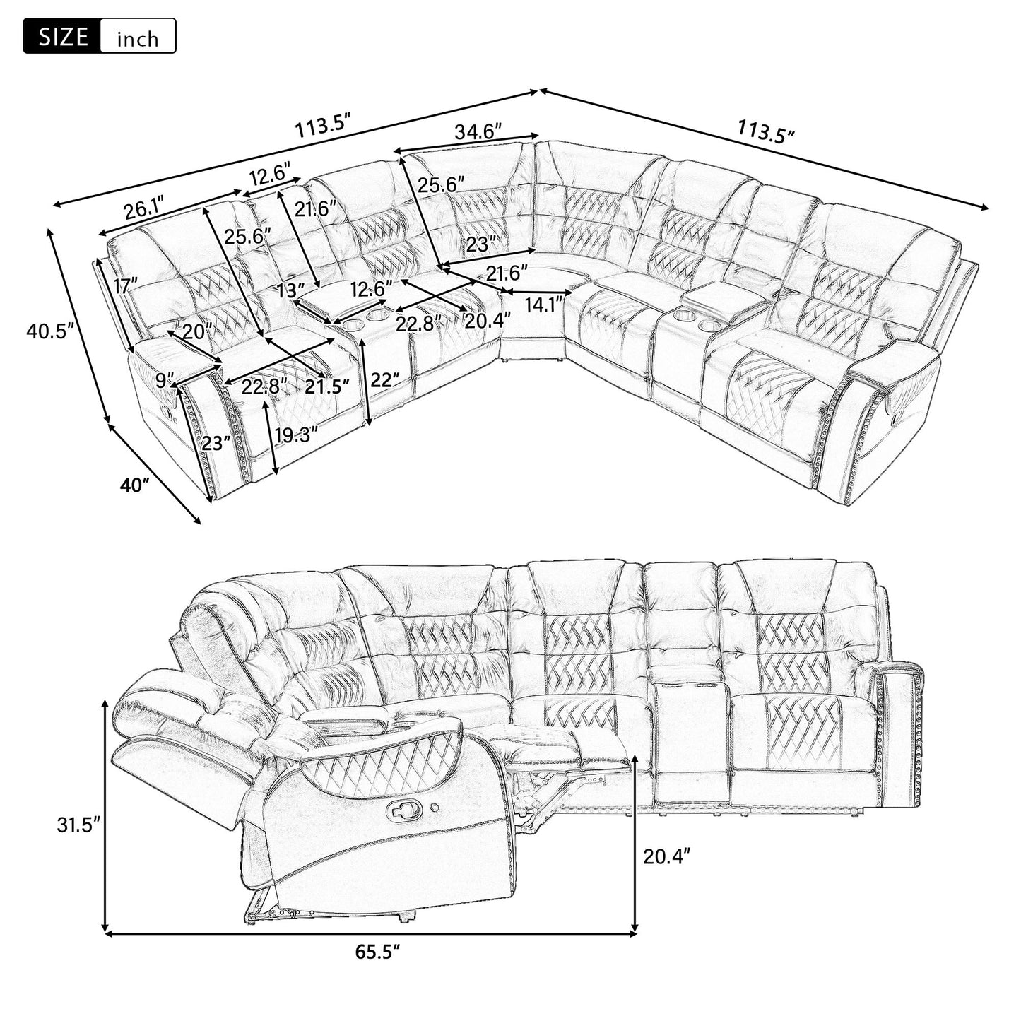 Manual Reclining Sectional Sofa Set L Shaped Symmetrical Motion Sofa Corner Couch Sets With Storage Boxes, 4 Cup Holders And LED Light Strip For Living Room - Black