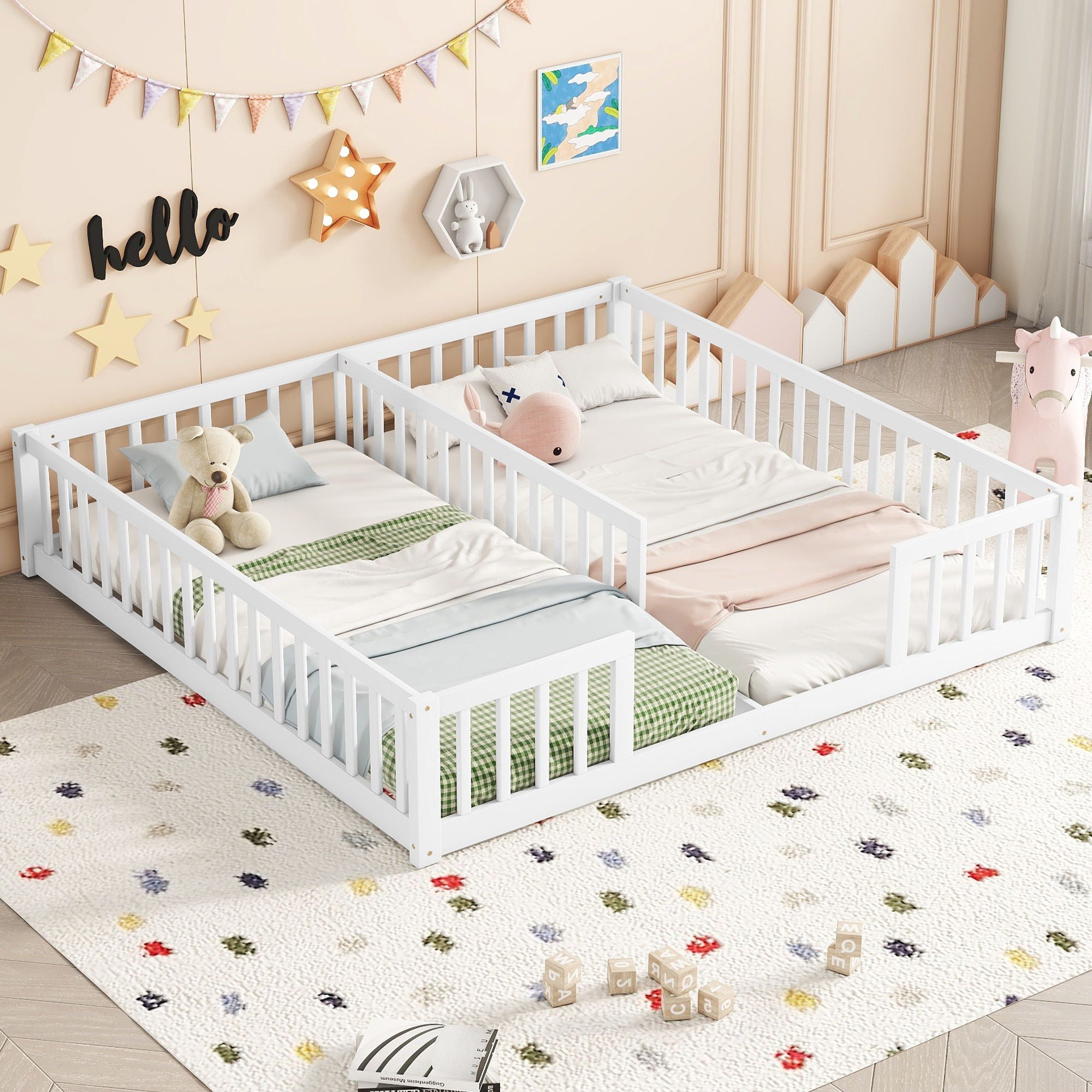 Double Twin Floor Bed With Fence, Guardrails, Without Door - White