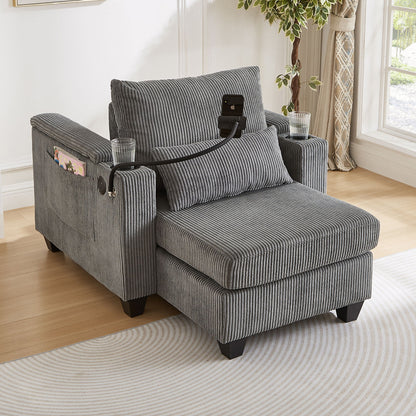 Convertible Chaise Lounge Sofa Chair Corduroy Sleeper With USB Ports, Cup Holders, Storage - Gray
