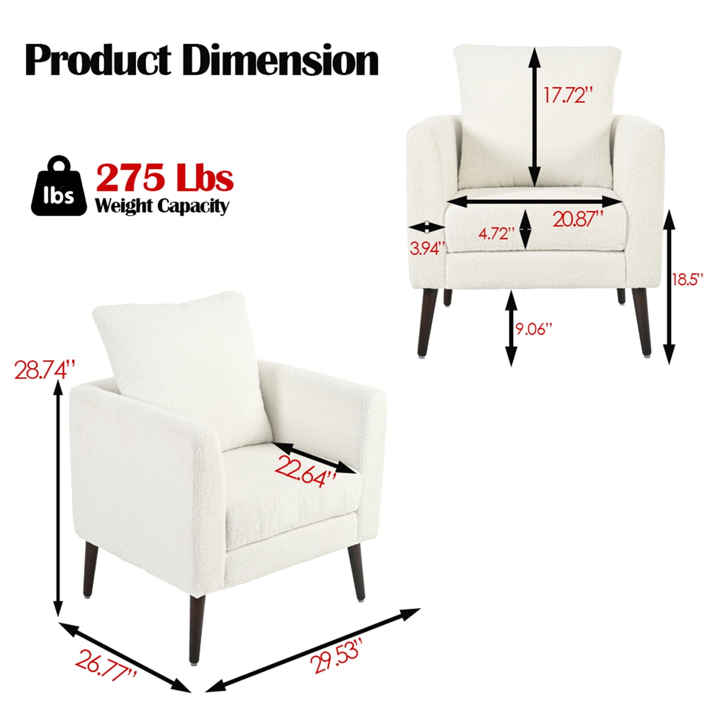 Modern Teddy Fabric Accent Chair - Mid - Century Upholstered Armchair With Pillow And Wood Legs For Living Room, Or Reception Room - White