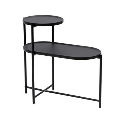 Round Coffee Table With Storage Tray 2 Tier Oval End Tables Wooden Small Side Table For Living Room - Black
