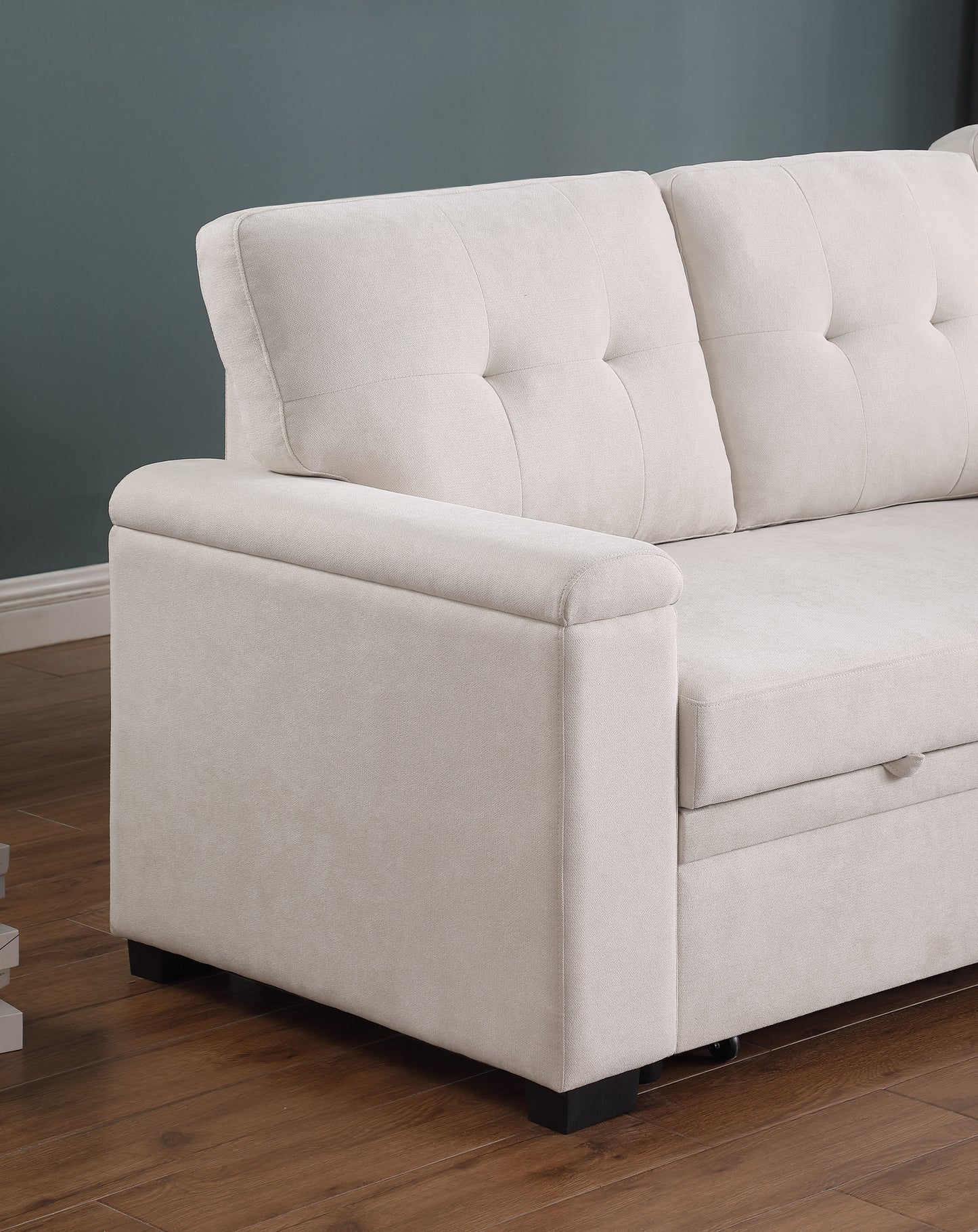 Lucca II - Woven Fabric Reversible Sleeper Sectional Sofa With Storage Chaise and Pocket Coil Seating - Beige