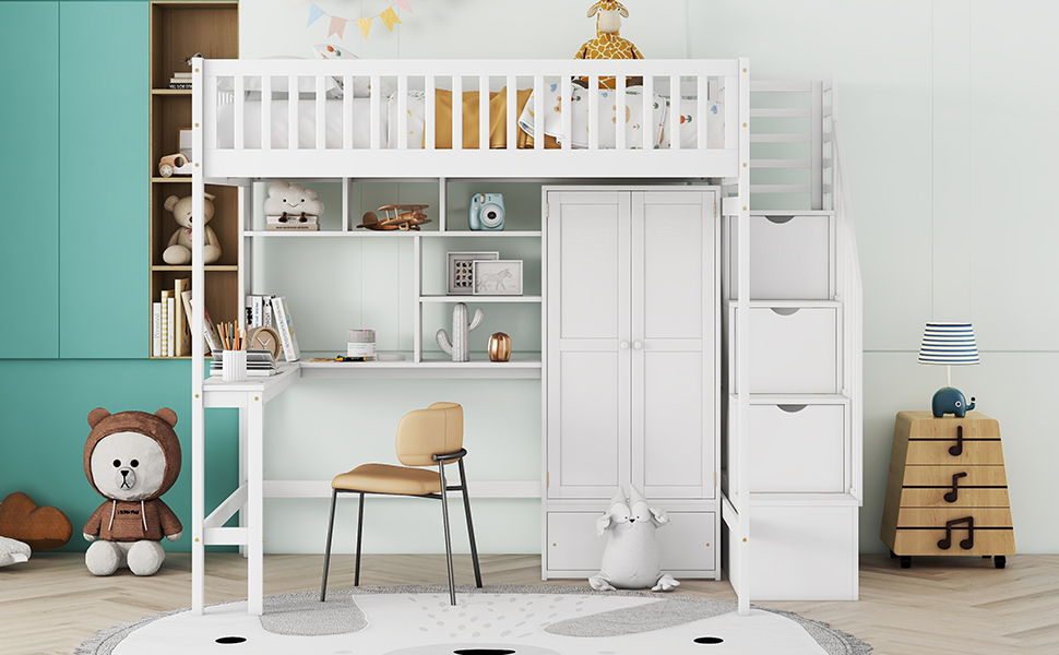 Full Size Loft Bed With Bookshelf, Drawers, Desk, And Wardrobe - White