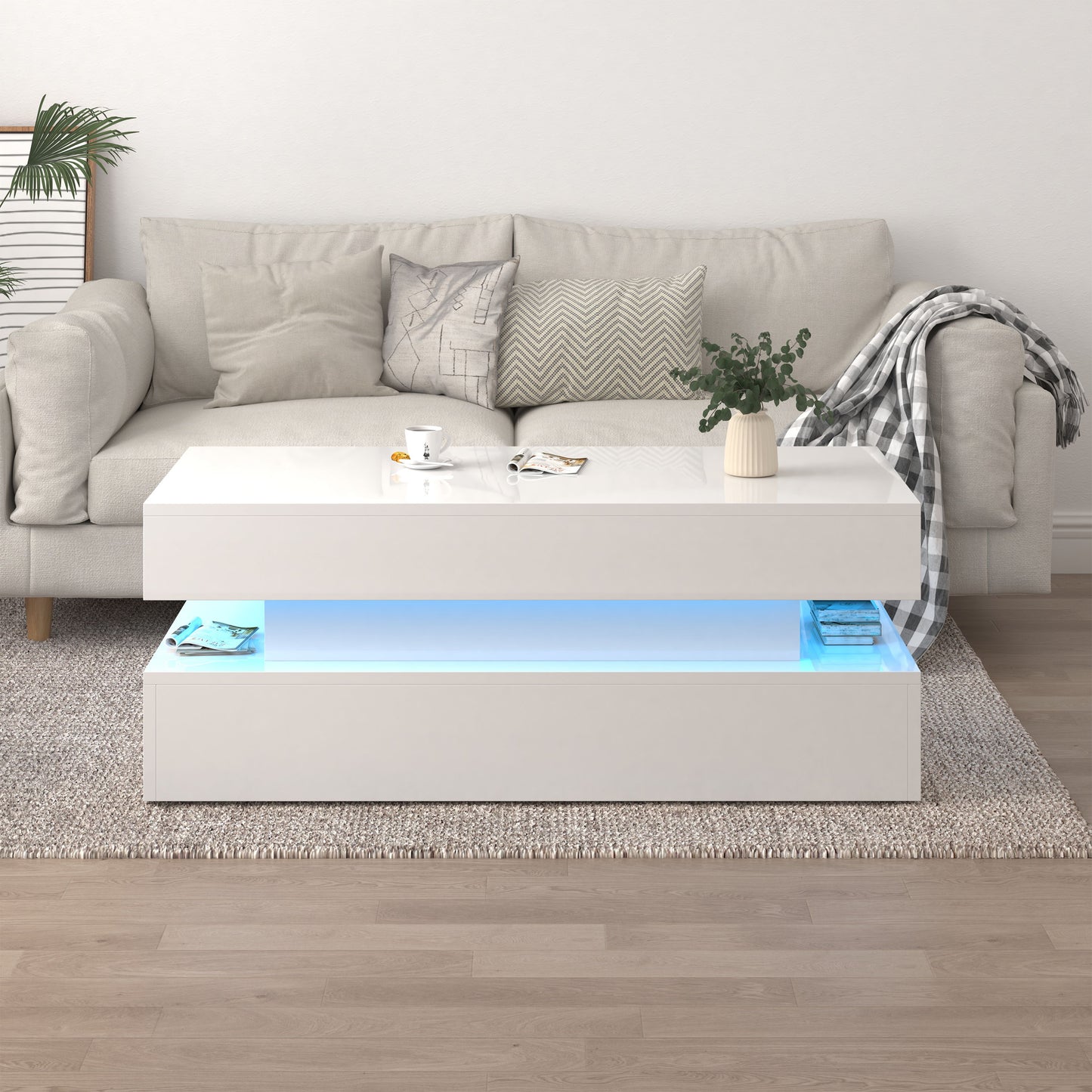 Contemporary Foldable Coffee Table With Drawers And LED White & Metal 3 Tier Design - White