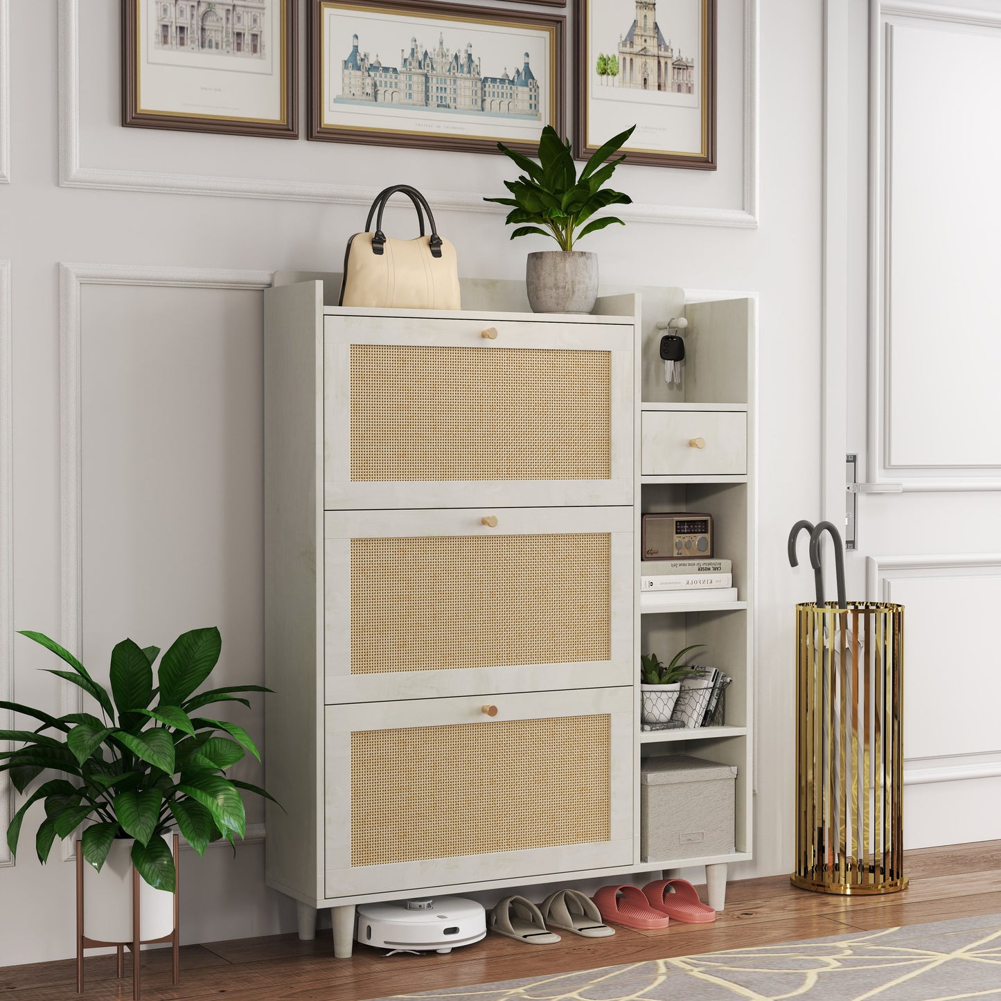 Natural Bohemia Style Shoe Cabinet, Shoe Rack Cabinet With 3 Rattan Flip Drawers, 3 Square Shelves And 1 Storage Drawer, Shoe Organizer With Mulit Storage Space And Hooks For Hallway, Entryway - White