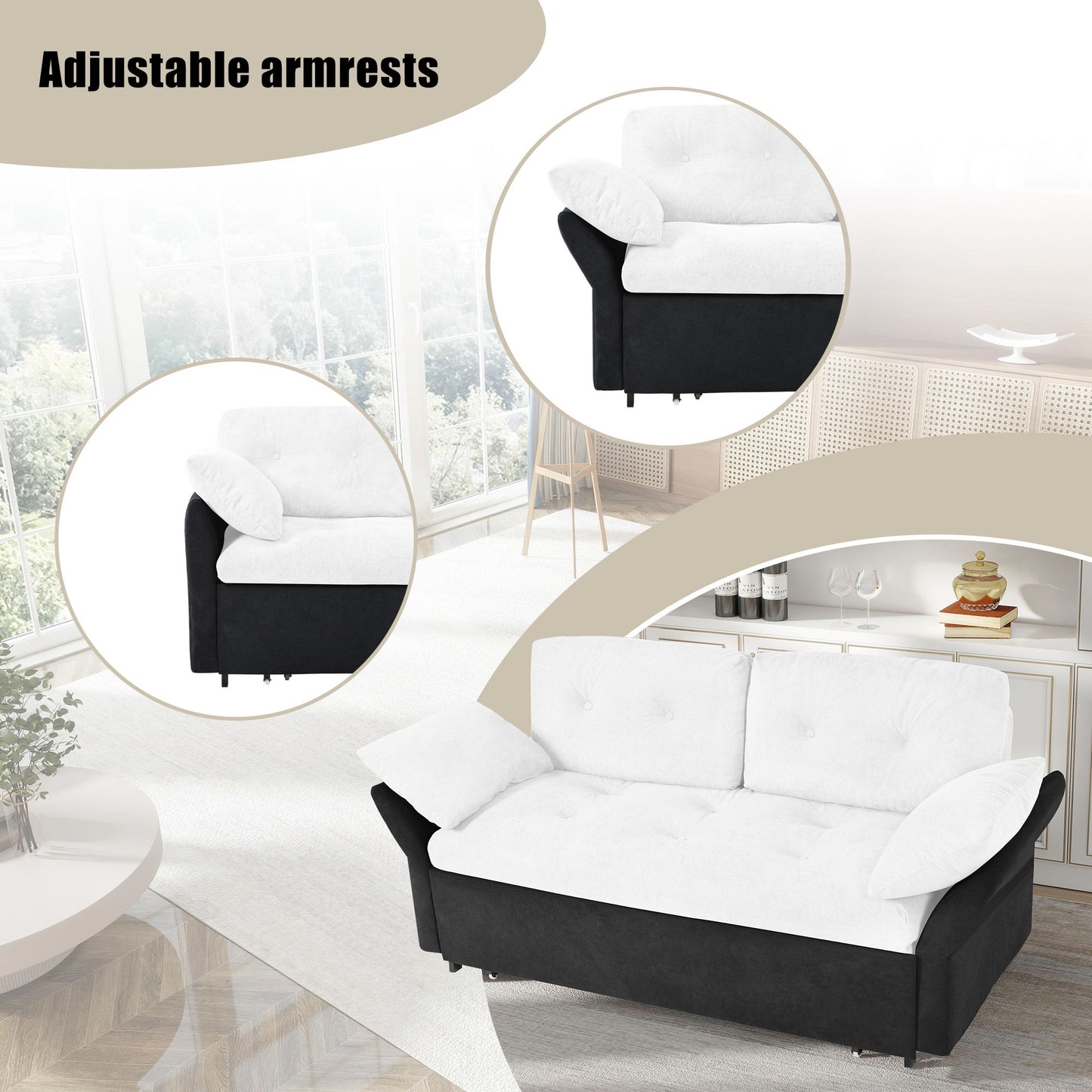 Modern Convertible Sleeper Sofa Bed With Pull Out Queen Design, Side Storage & Thick Cushions Chenille Loveseat For Living Room Or Bedroom 3 In 1 Function - - White