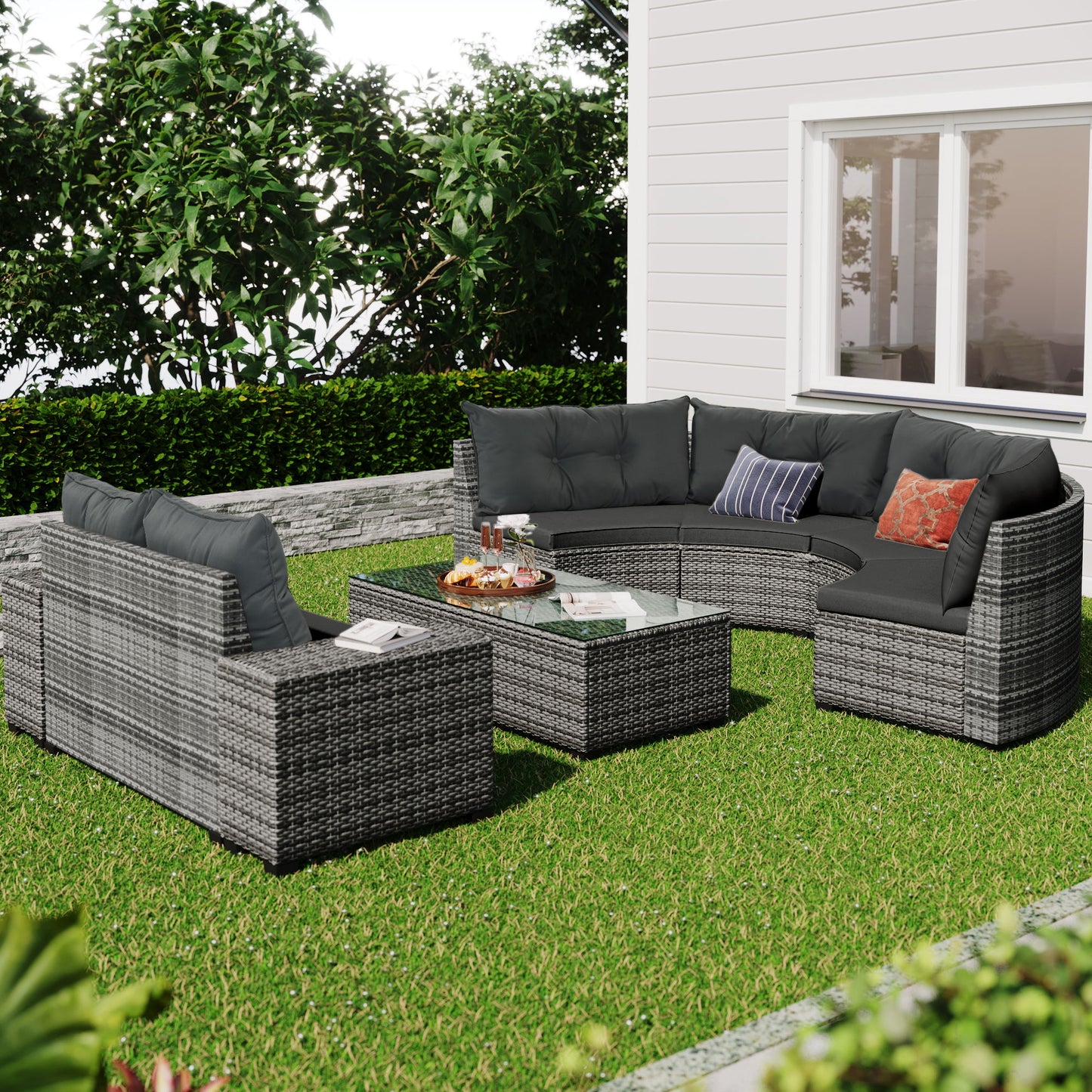 8 Pieces Outdoor Wicker Round Sofa Set, Half-Moon Sectional Sets All Weather, Curved Sofa Set With Rectangular Coffee Table, PE Rattan Water-Resistant And UV Protected, Movable Cushion - Gray