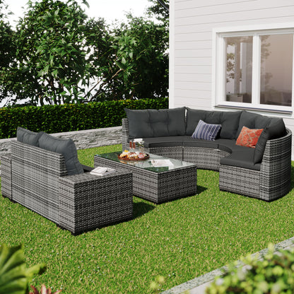 8 Pieces Outdoor Wicker Round Sofa Set, Half-Moon Sectional Sets All Weather, Curved Sofa Set With Rectangular Coffee Table, PE Rattan Water-Resistant And UV Protected, Movable Cushion - Gray