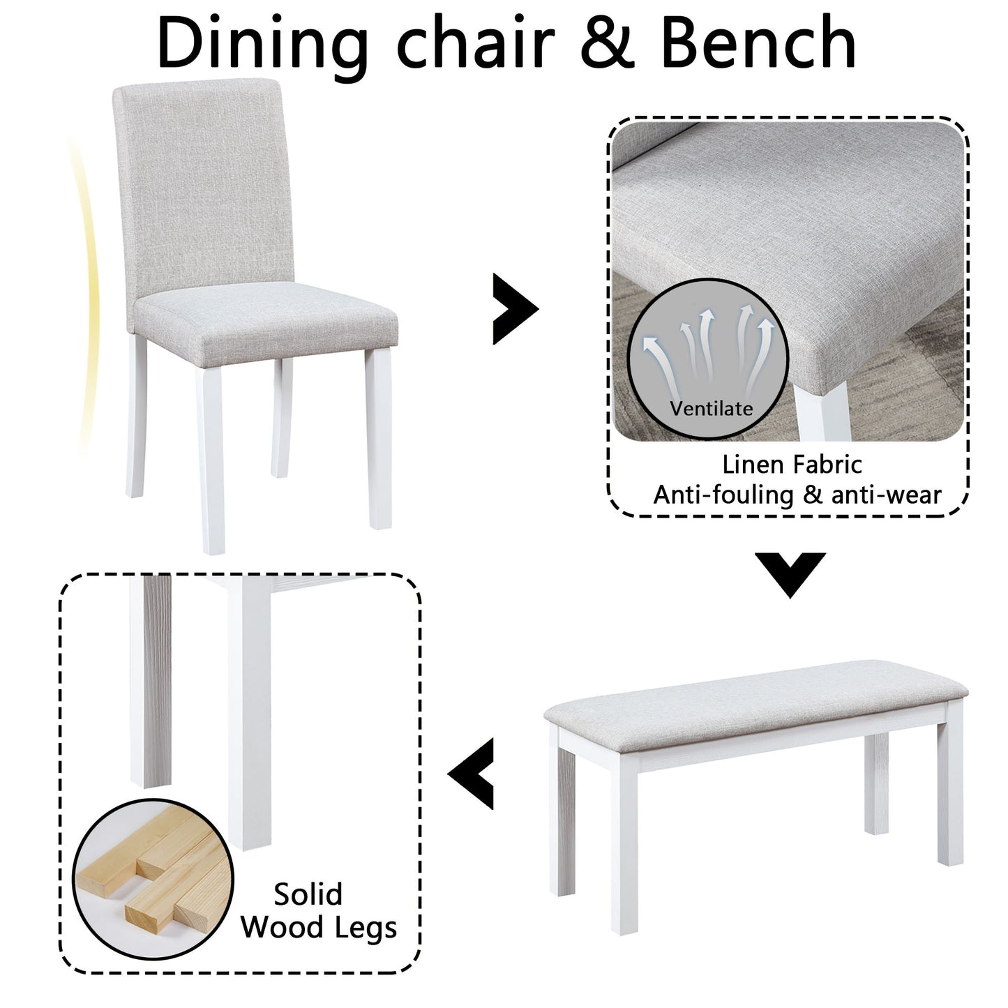 6 Piece Wooden Dining Table Set, Wooden Dining Table With 4 Upholstered Chairs And Bench For 6 People, Rectangular Dining Table Set With Crystal Decoration For Kitchen, Dining Room - White