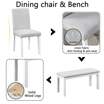 6 Piece Wooden Dining Table Set, Wooden Dining Table With 4 Upholstered Chairs And Bench For 6 People, Rectangular Dining Table Set With Crystal Decoration For Kitchen, Dining Room - White