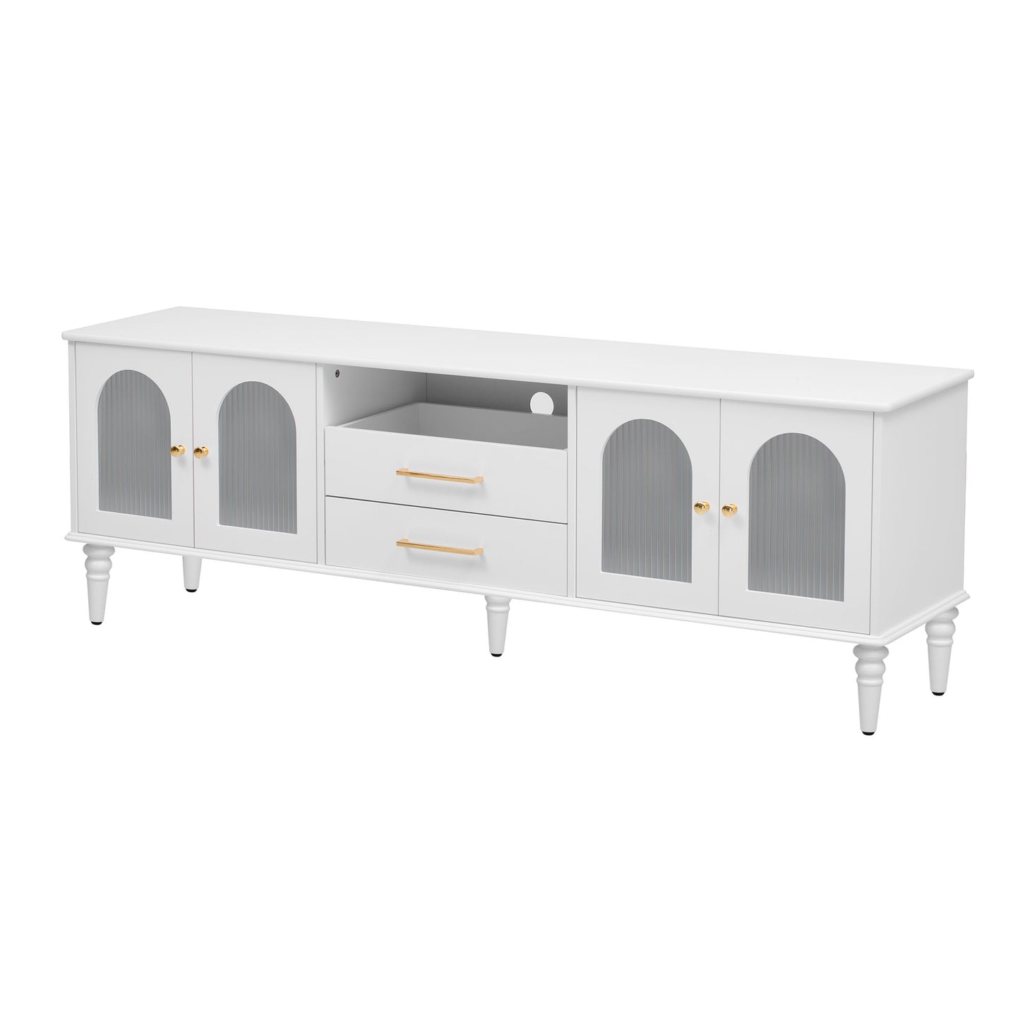 Retro TV Stand For TVs Up To 75", Entertainment Center Media Console With Fluted Glass Doors And 5 Solid Wood Legs For Living Room - White