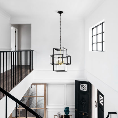 4 Light Metal Lantern Tiered Pendant Hanging Light Fixtures, Industrial Farmhouse Adjustable Height Chandeliers For Dining Room Hallway Foyer Entryway (E12 Bulbs Not Included) - Matte Black / Gold
