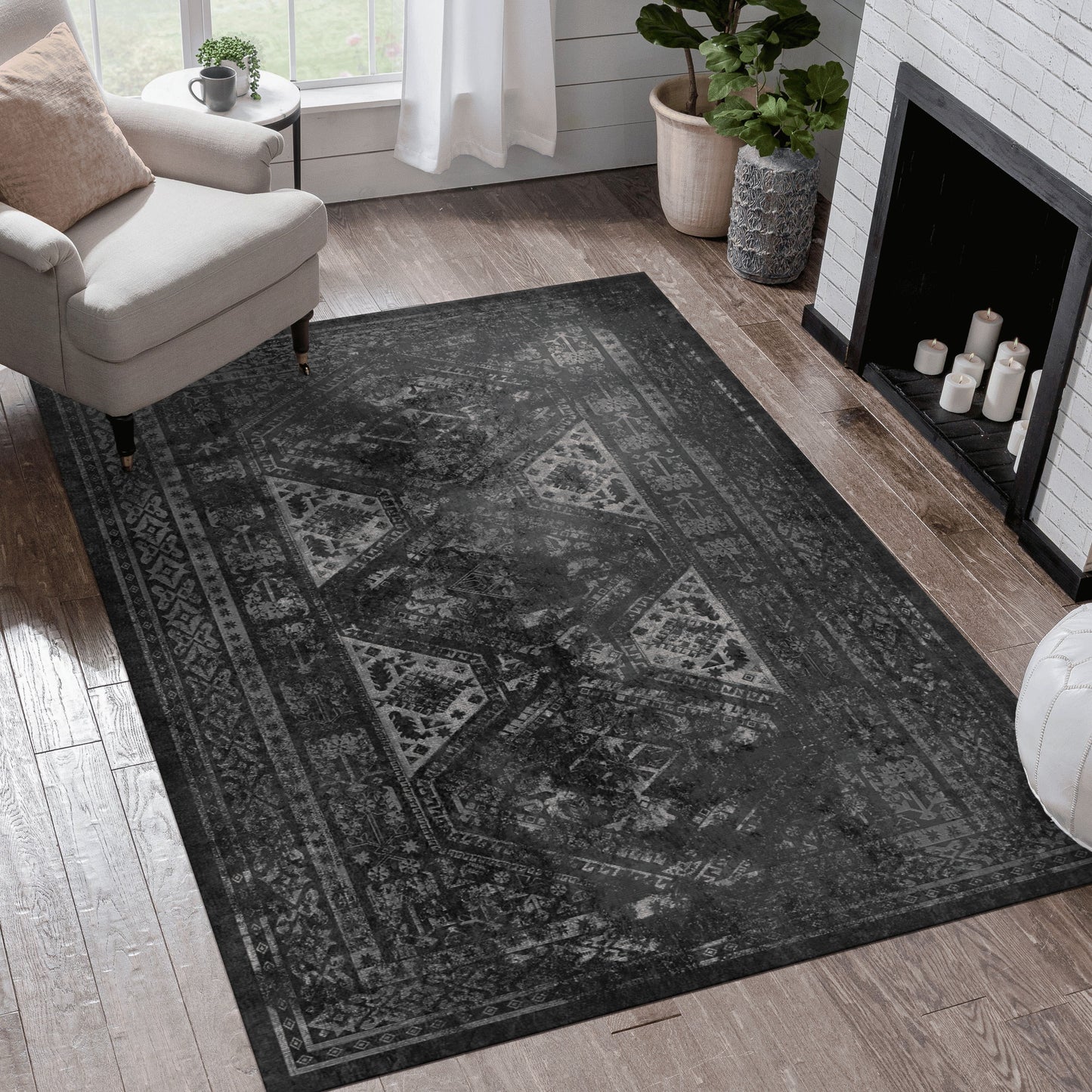 Maval - 9' X 12' Washable Area Rug - Black / Gray