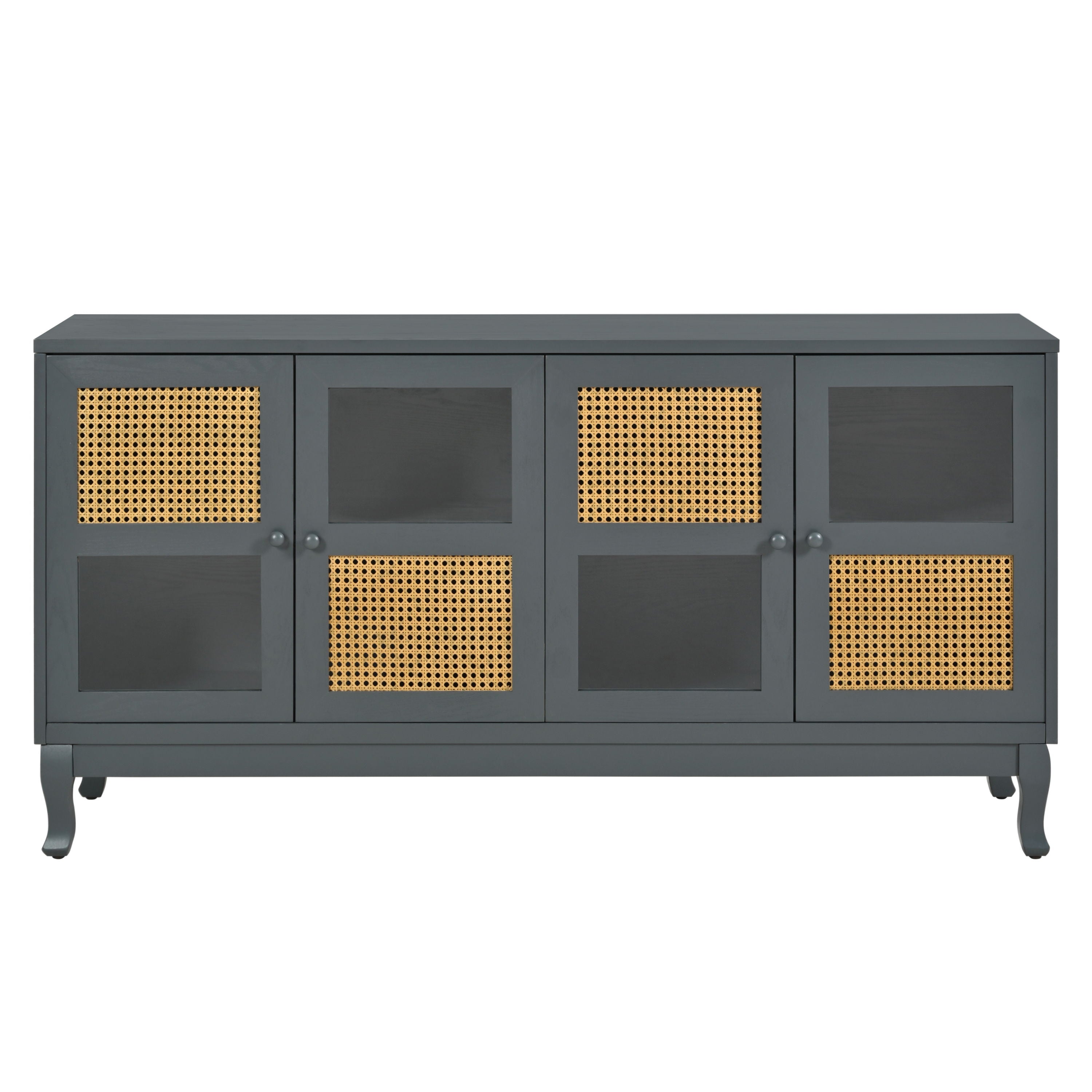 Retro Industrial Gray 4 Door Sideboard With Large Storage, Rattan And Glass Doors - Antique Dark Gray / Rattan