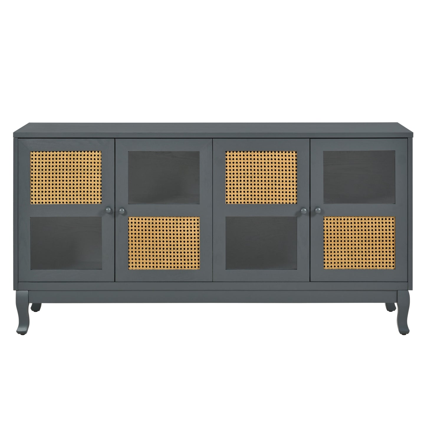 Retro Industrial Gray 4 Door Sideboard With Large Storage, Rattan And Glass Doors - Antique Dark Gray / Rattan