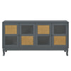 Retro Industrial Gray 4 Door Sideboard With Large Storage, Rattan And Glass Doors - Antique Dark Gray / Rattan
