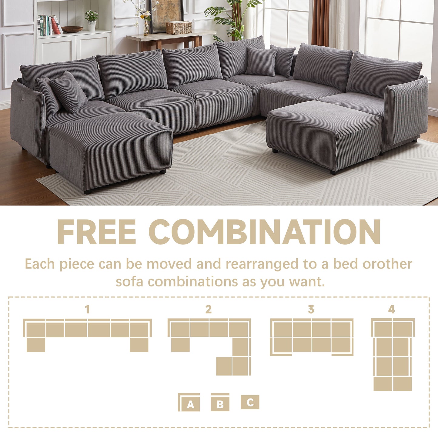 Multi Module Combination Style Sofa For Living Room And Other Lounge Spaces, Modern Minimalist Corduroy Combination Sofa With 2 Comfort Cushions With USB & C Charging Ports, 2 Sets - Gray