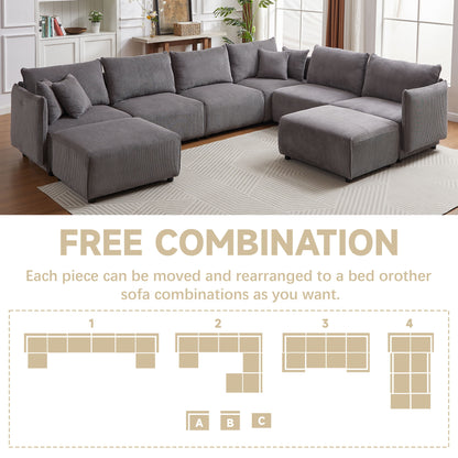 Multi Module Combination Style Sofa For Living Room And Other Lounge Spaces, Modern Minimalist Corduroy Combination Sofa With 2 Comfort Cushions With USB & C Charging Ports, 2 Sets - Gray