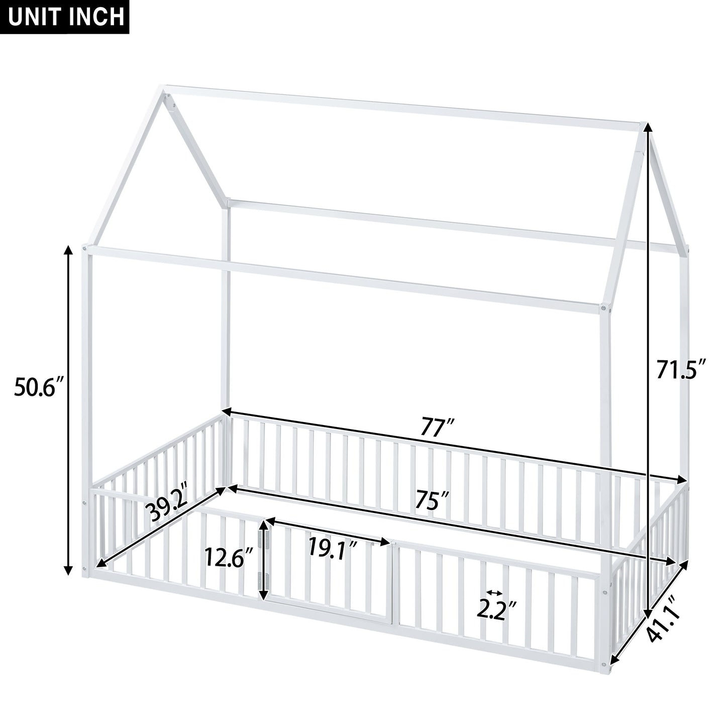 House Bed With Fence And Door - White