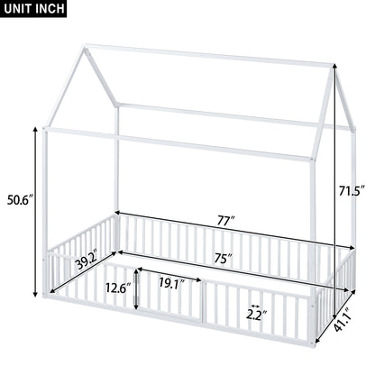 House Bed With Fence And Door - White