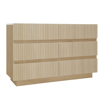 Fluted 6 Drawers Dresser, Double Dresser Chest Of Drawers, Modern Chest Of Drawers With LED, Drawer Organizer For Bedroom, Living Room, Hallway - Natural
