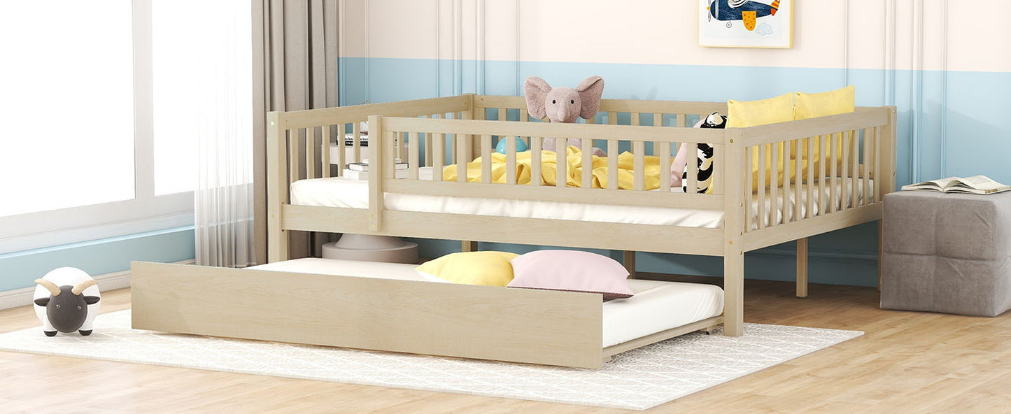 Full Size Daybed With Trundle And Fence Guardrails - Natural