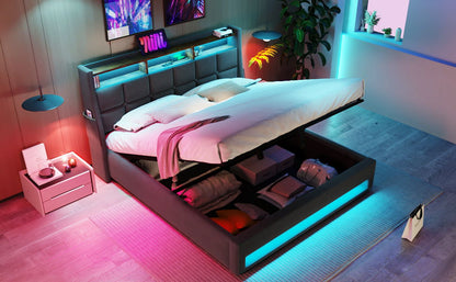 Full Size Upholstered Platform Bed With A Hydraulic Storage System, LED And USB Charging (Without Mattress) - Gray