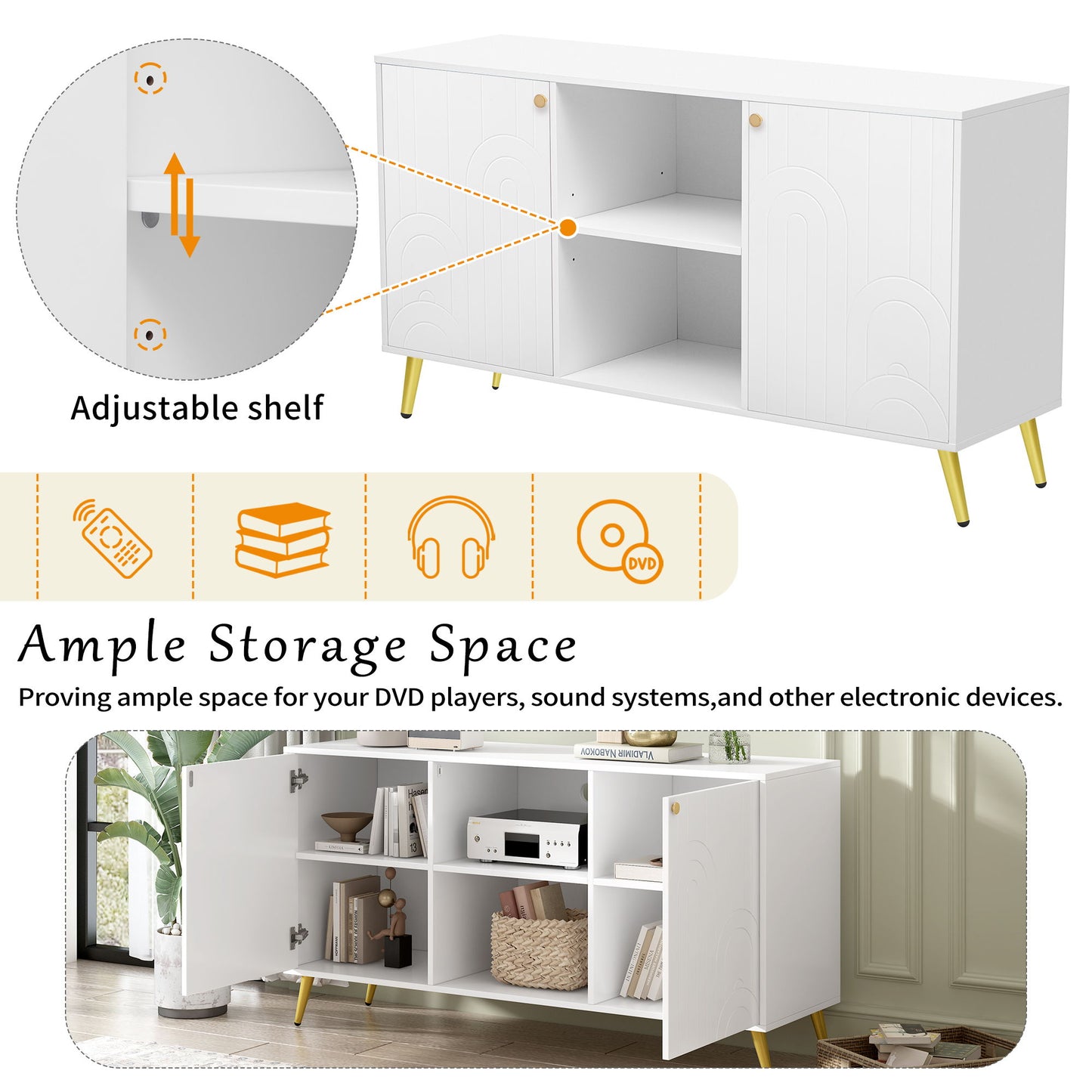 Modern TV Stand For TVs Up To 55", Entertainment Center Media Console, Adjustable Shelf, Metal Legs, Handles And Anti-Tip Device For Living Room - White