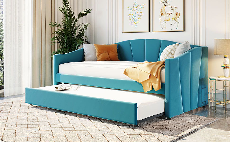 Twin Size Upholstered Daybed Sofa Bed With Trundle And Slat - Blue