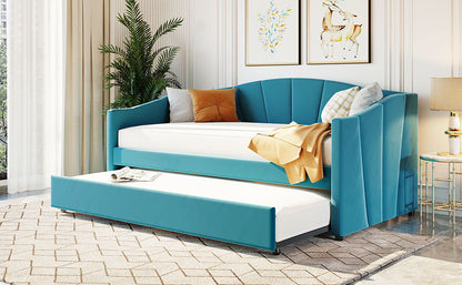 Twin Size Upholstered Daybed Sofa Bed With Trundle And Slat - Blue