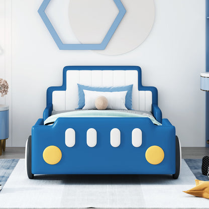 Twin Size Race Car Shaped Platform Bed & Wheels - Blue