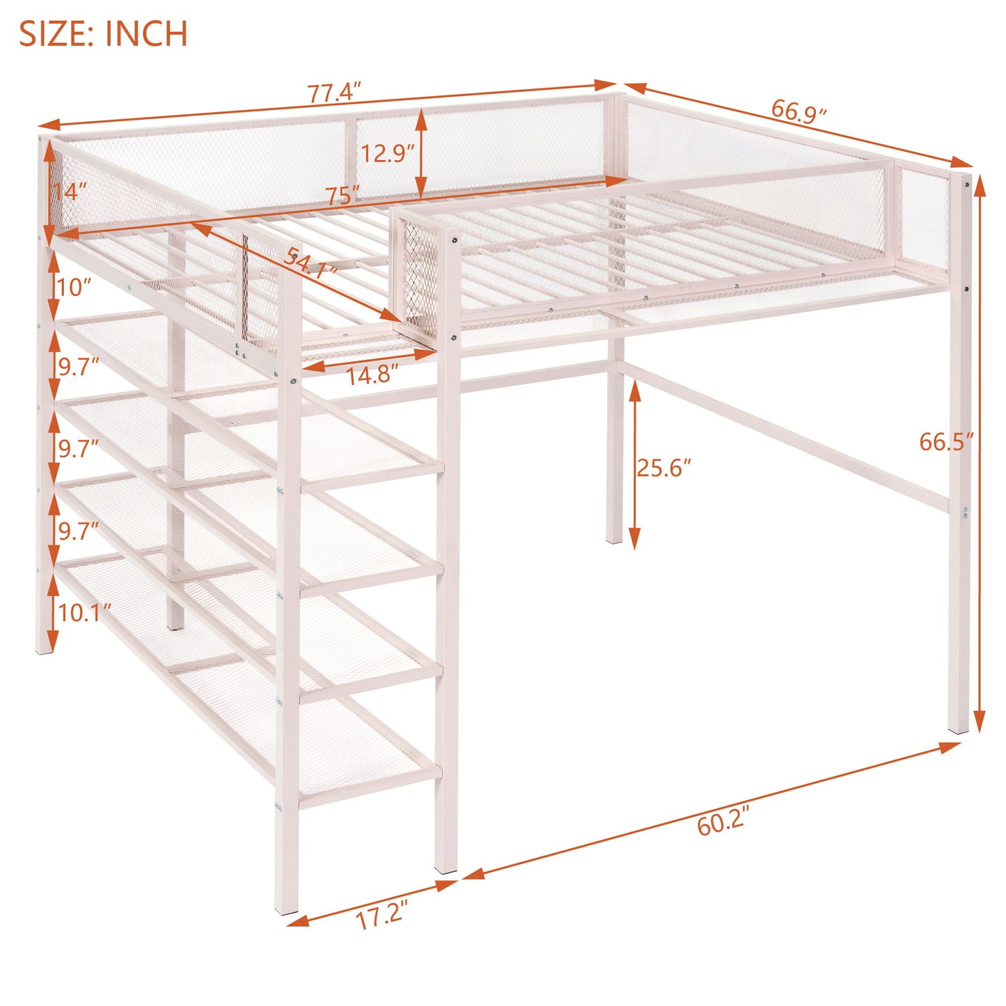 Full Size Loft Bed With 4 Tier Shelves And Storage - Pink