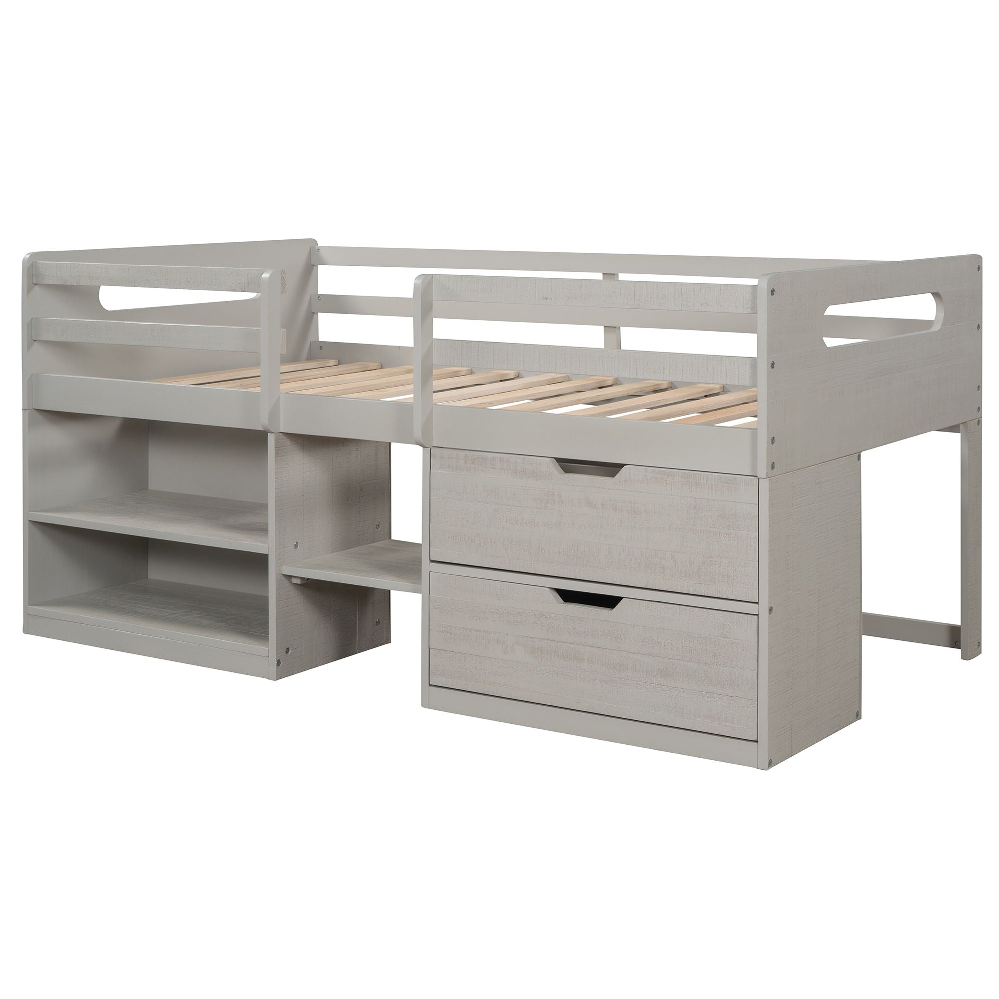 Twin Size Loft Bed With Two Shelves And Two Drawers - Antique Gray