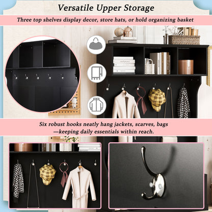 Hall Tree With 6 Hooks, Coat Hanger, Entryway Bench, 3 In 1 Design, A Spacious Drawer For Entrance, Living Room - Black