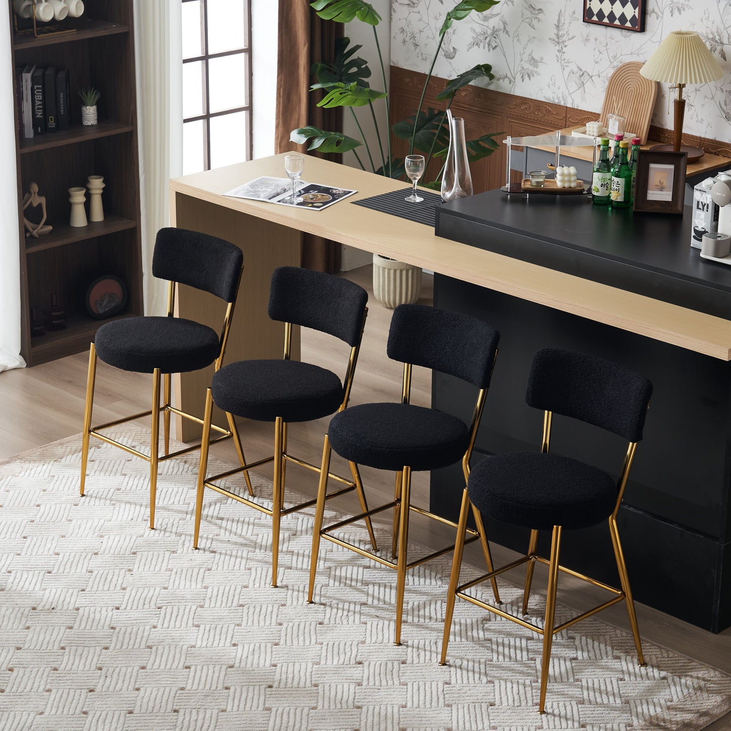 Modern Teddy Fabric Upholstered Bar Stools (Set of 4) - Black / Gold