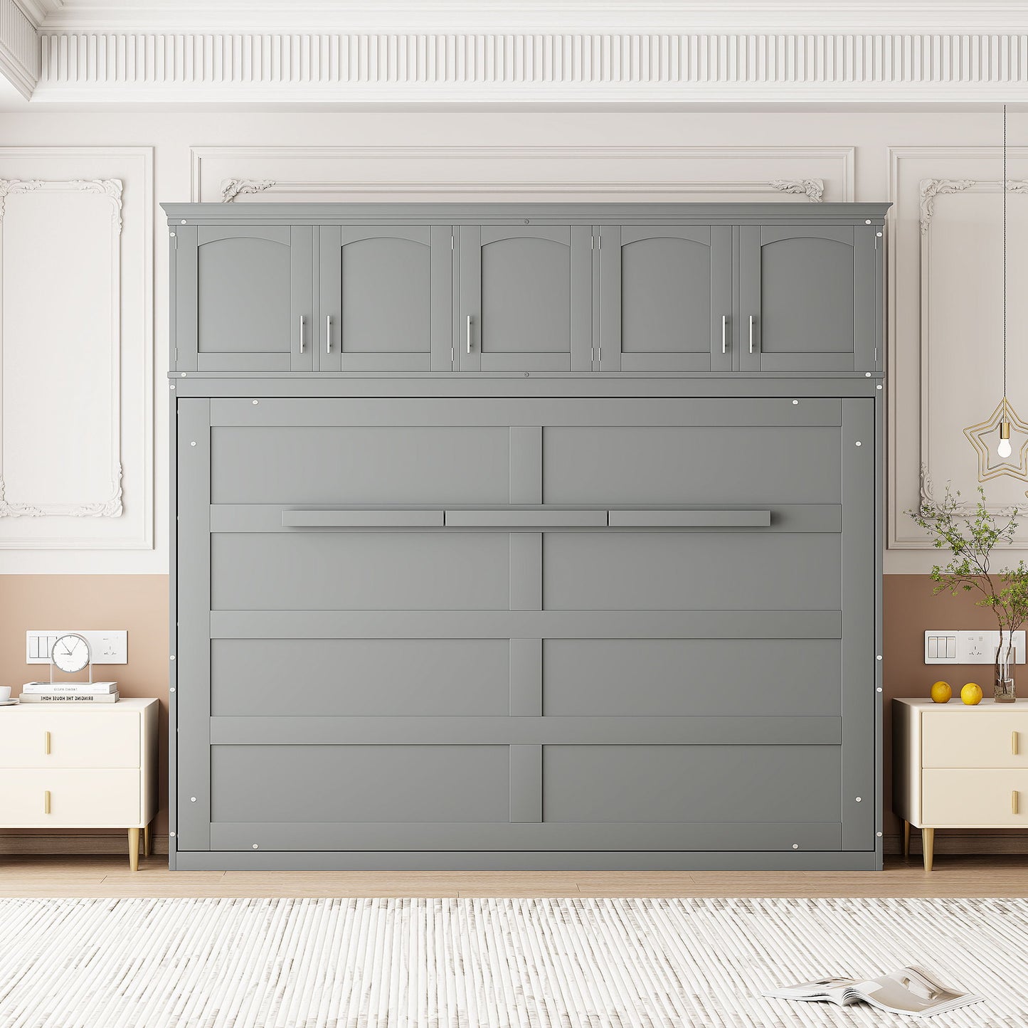Queen Size Murphy Modern Bed With Top Cabinets For Space Saving And Comfort - Gray