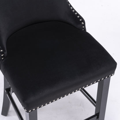 Contemporary Velvet Upholstered Wing-Back Barstools With Button Tufted Decoration And Wooden Legs, And Chrome Nailhead Trim, Leisure Style Bar Chairs, Bar Stools (Set of 4) - Black