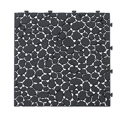 Interlocking Deck Tiles Plastic Waterproof Outdoor All Weather Anti-Slip Bathroom Shower Balcony Porch Strong Weight Capacity Upto 440 Lbs, Pebble Stone Pattern Pack Of 12 - Black