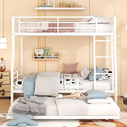 Full Long Over Queen Metal Bunk Bed With Trundle - White