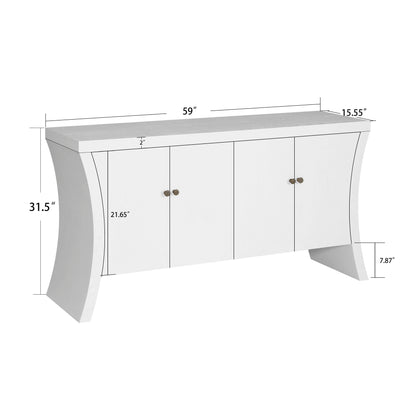 Refined Industrial 4 Door Credenza With Wooden Arc Legs & Bronze Clasps, Advanced Storage Design - White
