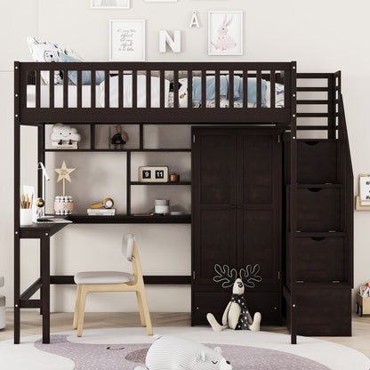Full Size Loft Bed With Bookshelf, Drawers, Desk, And Wardrobe - Espresso