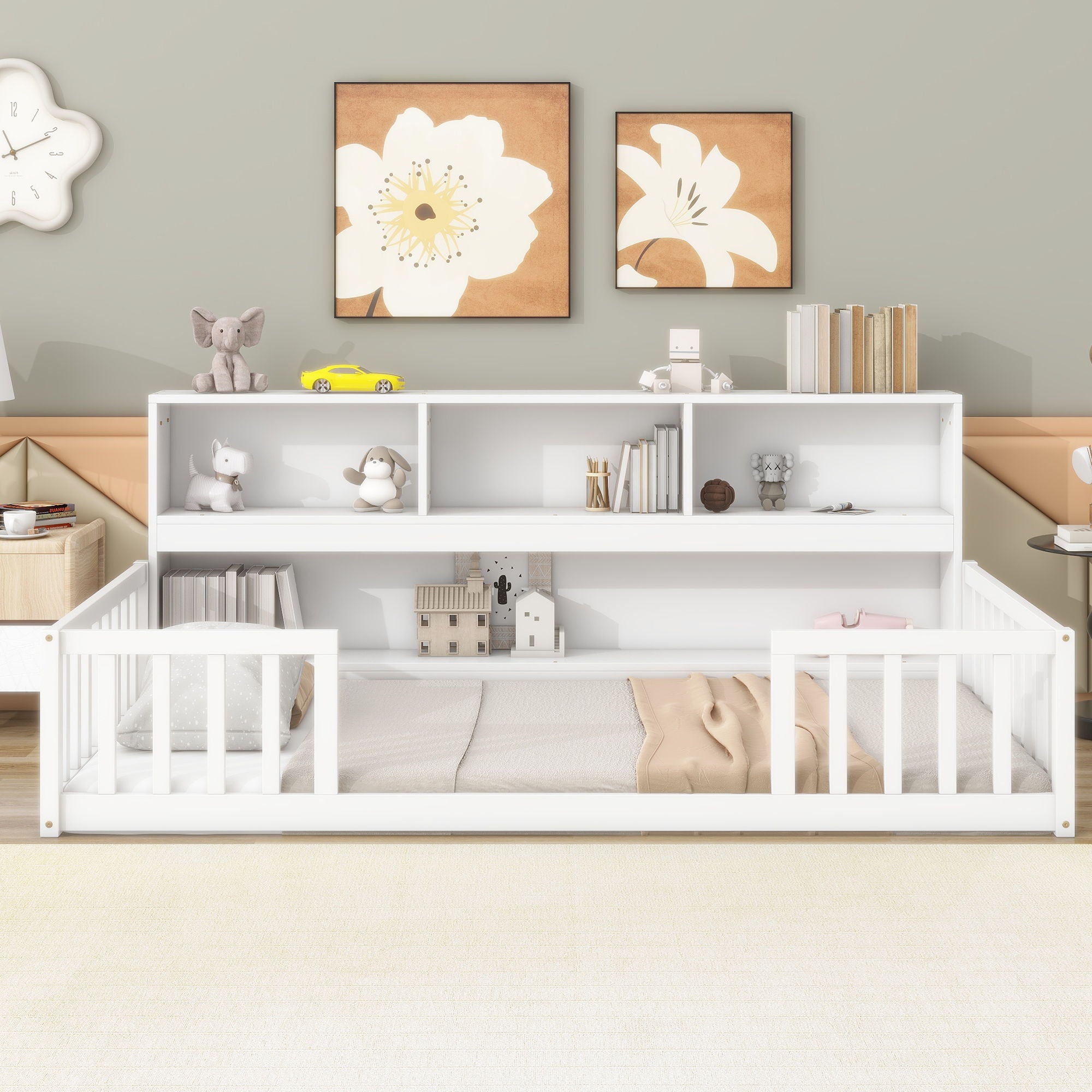 Twin Floor Bed With Bedside Bookcase, Shelves, Guardrails - White