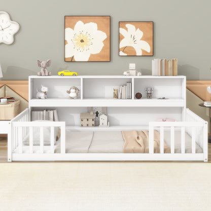 Twin Floor Bed With Bedside Bookcase, Shelves, Guardrails - White
