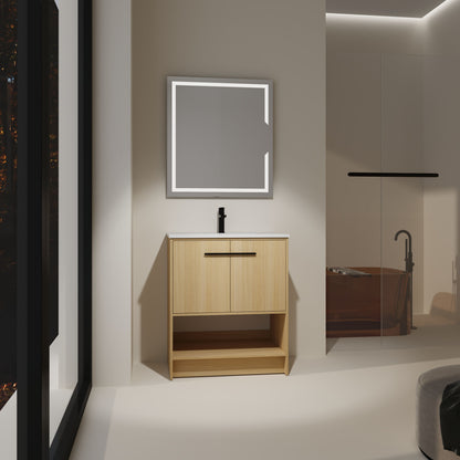 Modern 30" Bathroom Vanity With Ceramic Sink, Freestanding Cabinet, 2 Soft Closing Doors - Oak