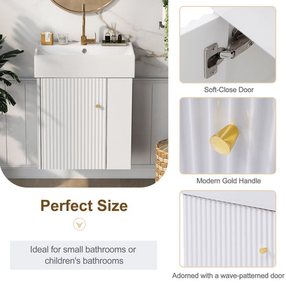 Modern Floating Bathroom Vanity With Ceramic Basin Perfect For Small Bathrooms, Right Side Storage - White