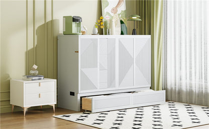 Full Size Murphy Bed With Large Drawer, USB Ports And Outlets - White