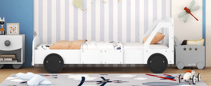 Twin Size Car Shaped Platform Bed With Wheels - White