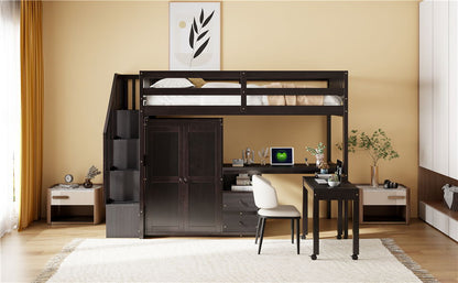 Twin Size Loft Bed With Stairs, Bookshelf, Drawers, Desk & Wardrobe, Space Saving Multifunctional Furniture - Espresso
