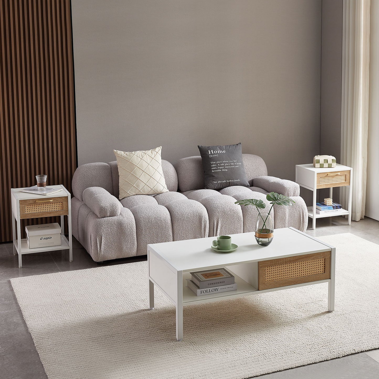 40.16" Rattan Coffee Table, Sliding Door For Storage, Metal Legs, Modern Table For Living Room - White