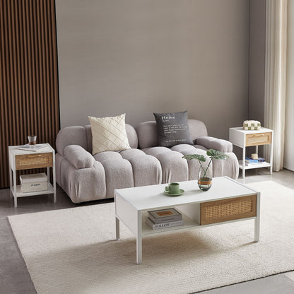 40.16" Rattan Coffee Table, Sliding Door For Storage, Metal Legs, Modern Table For Living Room - White